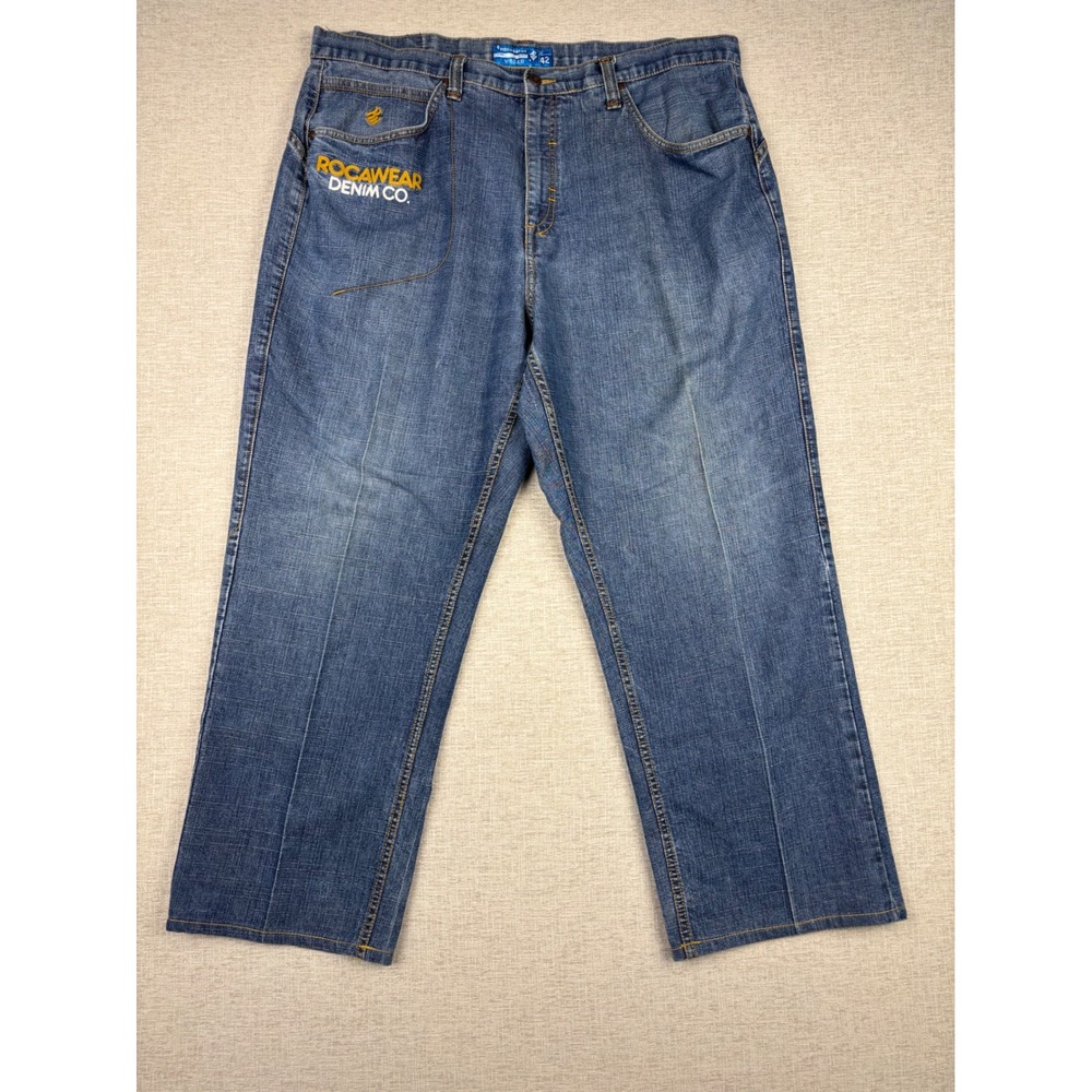 Rocawear Denim Co Mens 42x30 Jeans Blue Medium Grungy Wash Y2K Wide Leg Fading